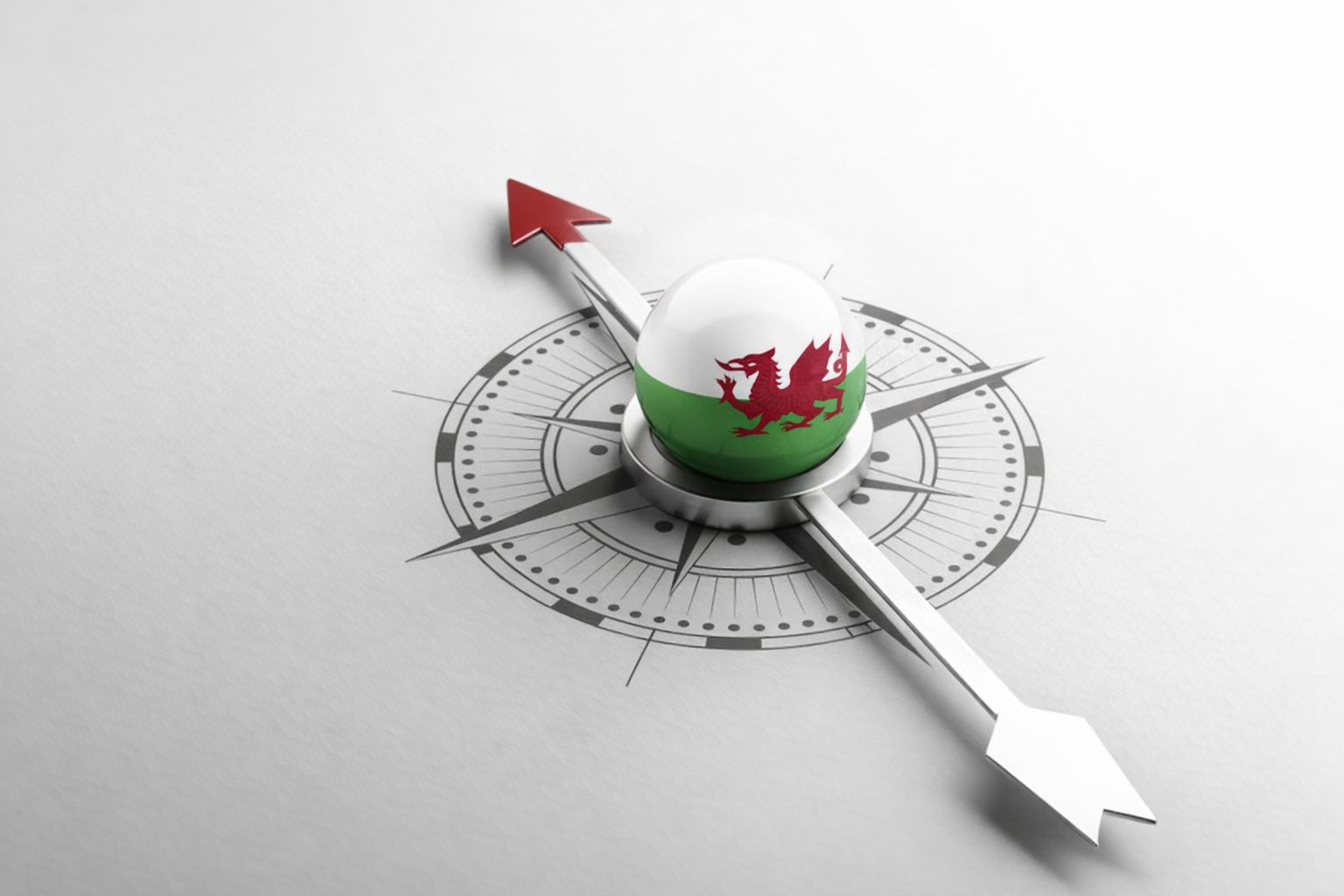 En kompass med Wales flagga som symboliserar strategisk vägledning.