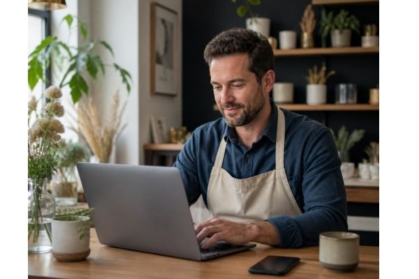 Frilansare arbetar vid laptop med kaffe och anteckningsbok på bordet